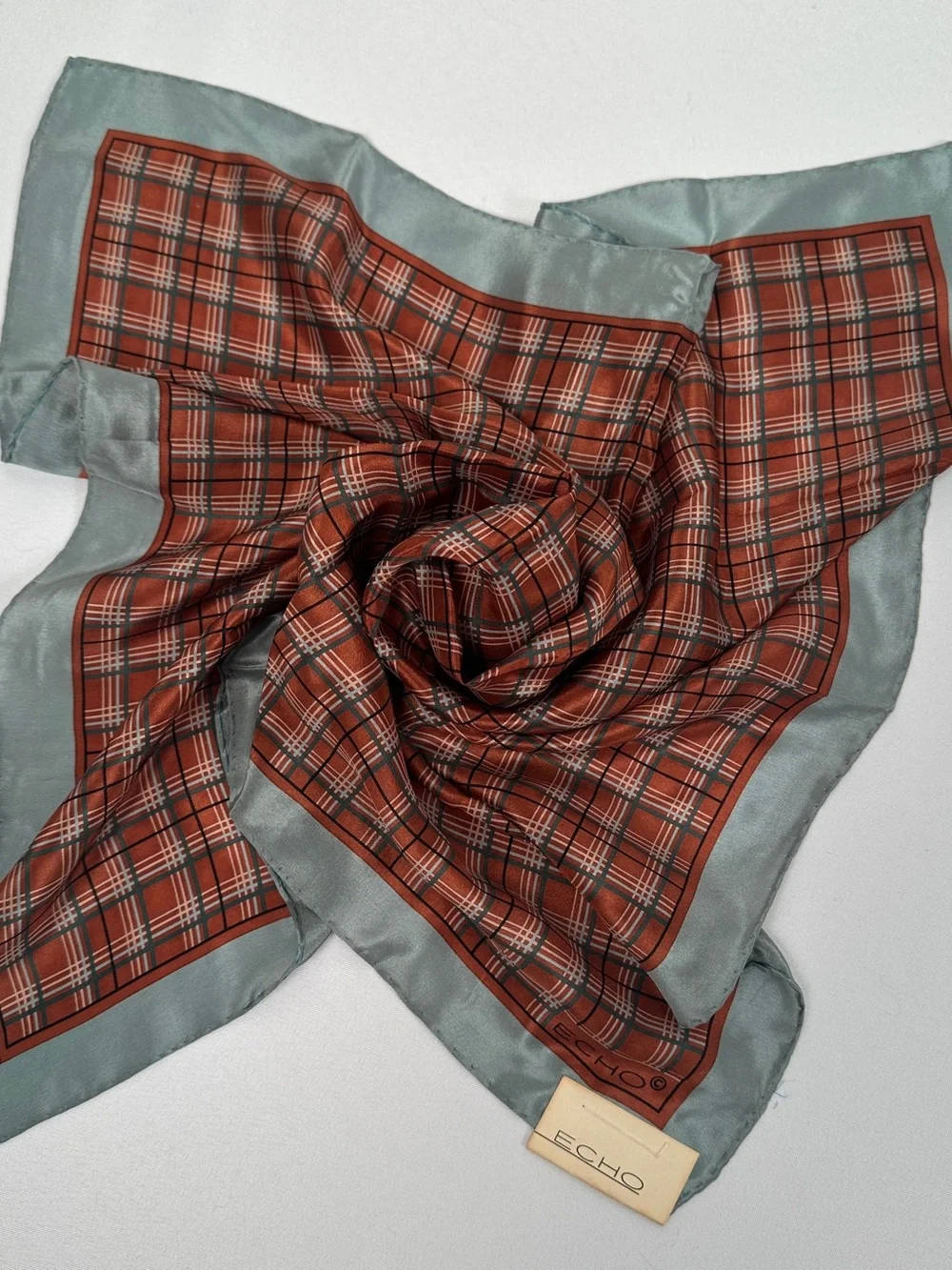 Echo Vintage NWT Plaid 100% Silk Scarf Japan Rust/Sage